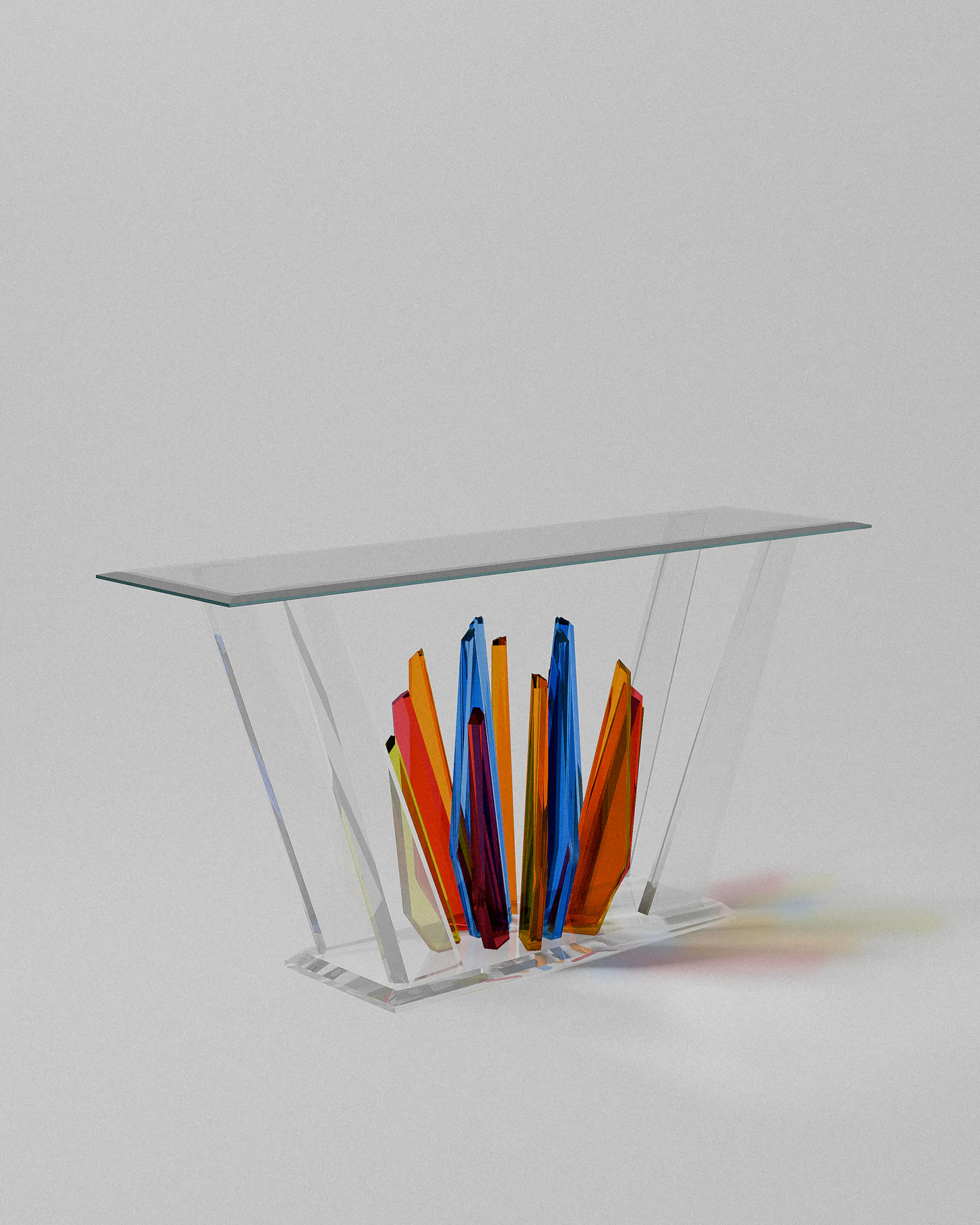 Starburst acrylic console table – Acrylic console w/ vibrant jagged shards | MUÑIZ Miami