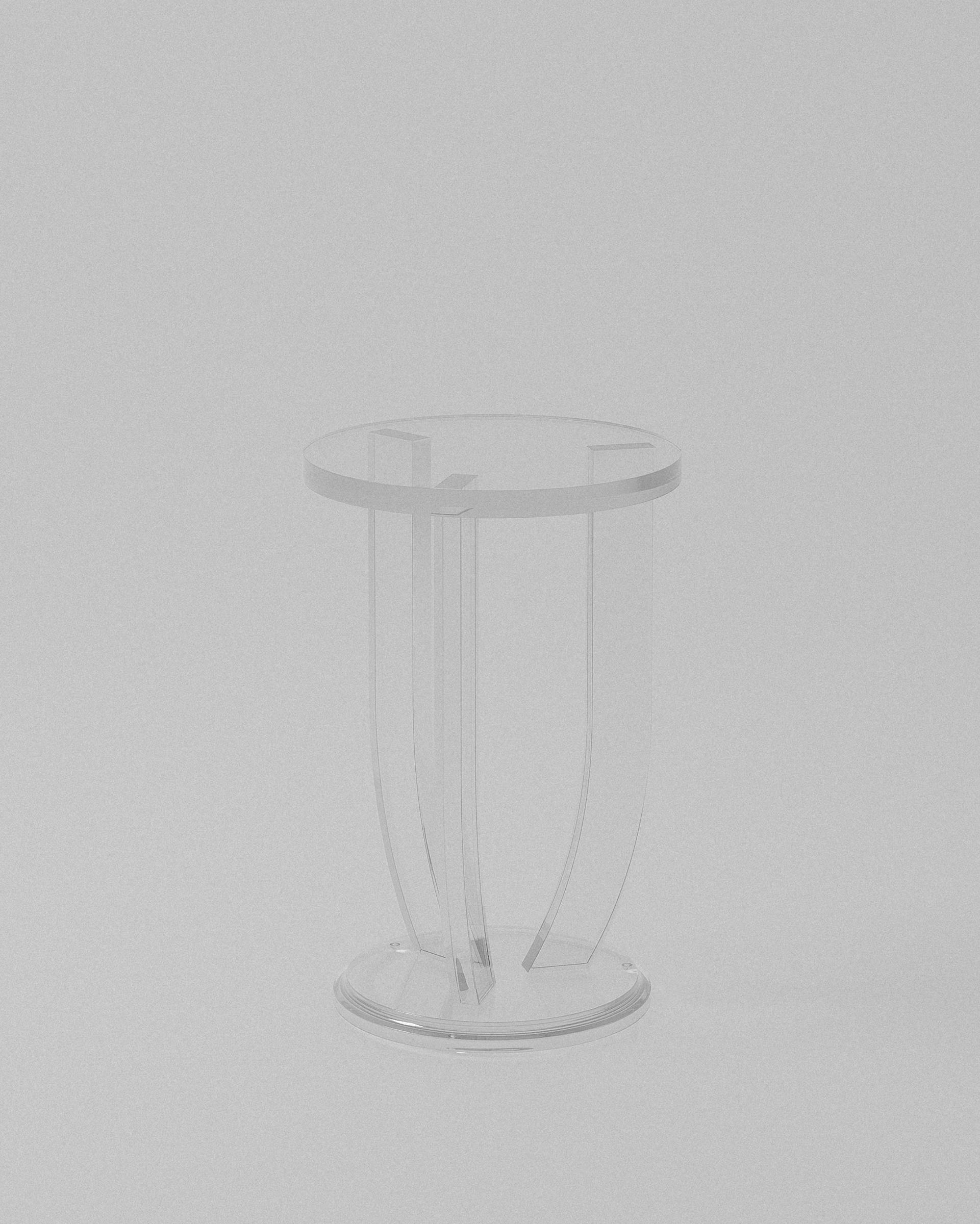 Annie acrylic end table – clear acrylic arched pedestal front view | MUÑIZ Miami