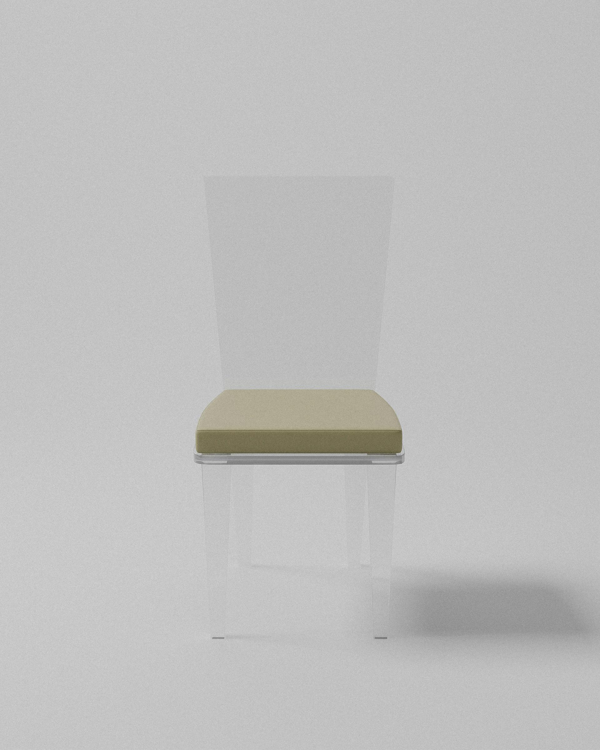 Michelle acrylic chair – Clear acrylic chair, beige cushion, front view | MUÑIZ Miami