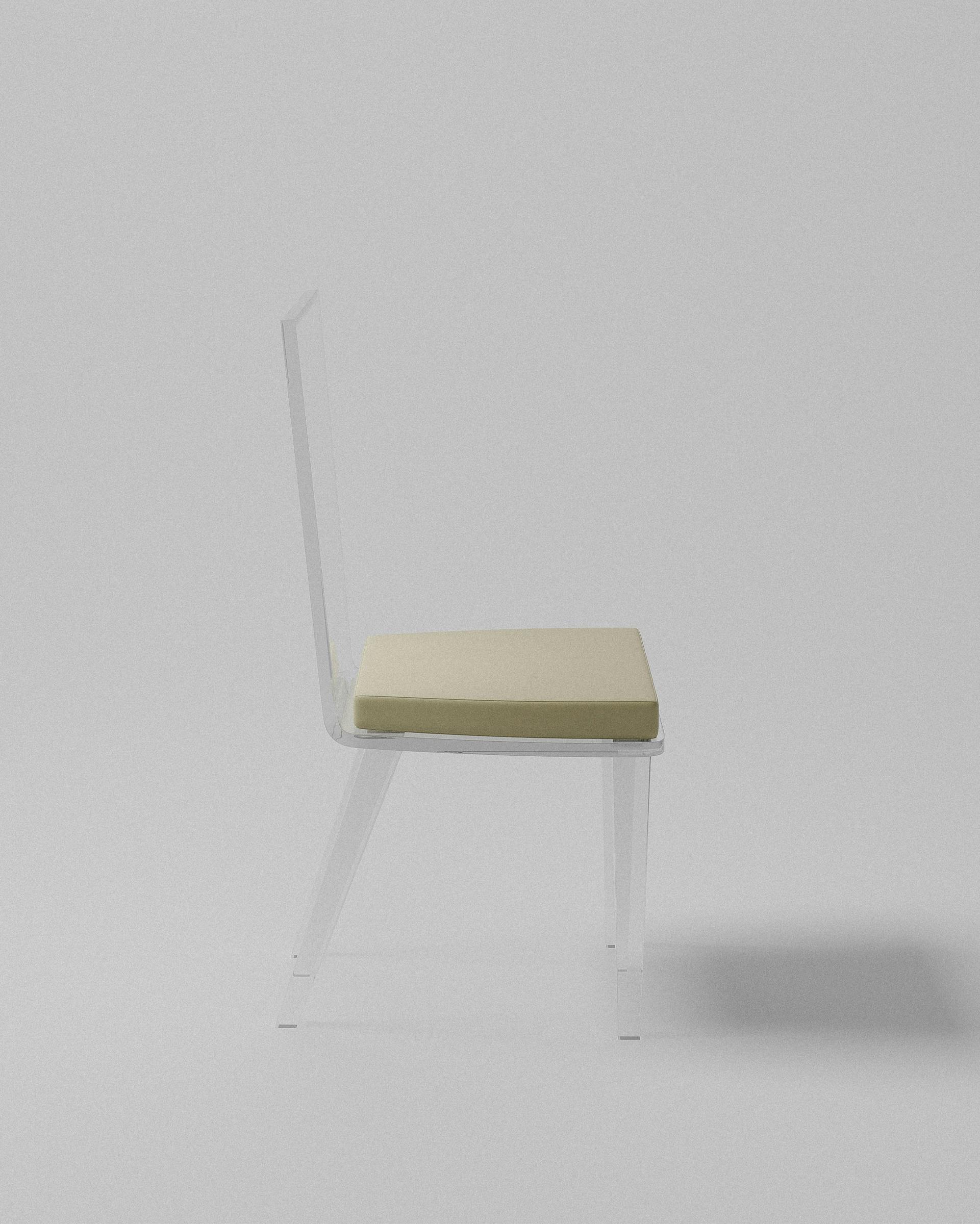 Michelle acrylic chair – Clear acrylic chair, beige cushion, side view | MUÑIZ Miami